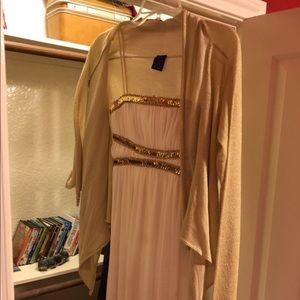 Cream formal dress with light gold sweater.